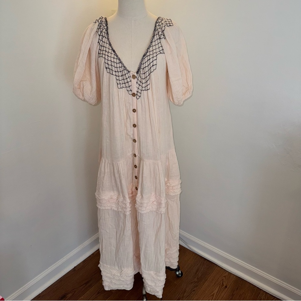 Free People Women’s XS Blush Pink Cream Sunday Stroll Button-down Maxi Dress